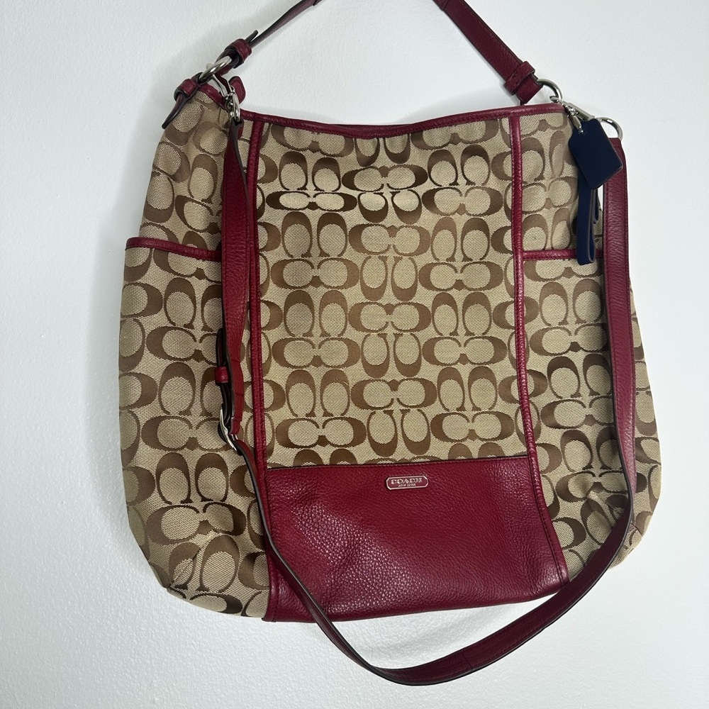 Coach Signature Canvas and Leather Shoulder Bag - Red and Tan